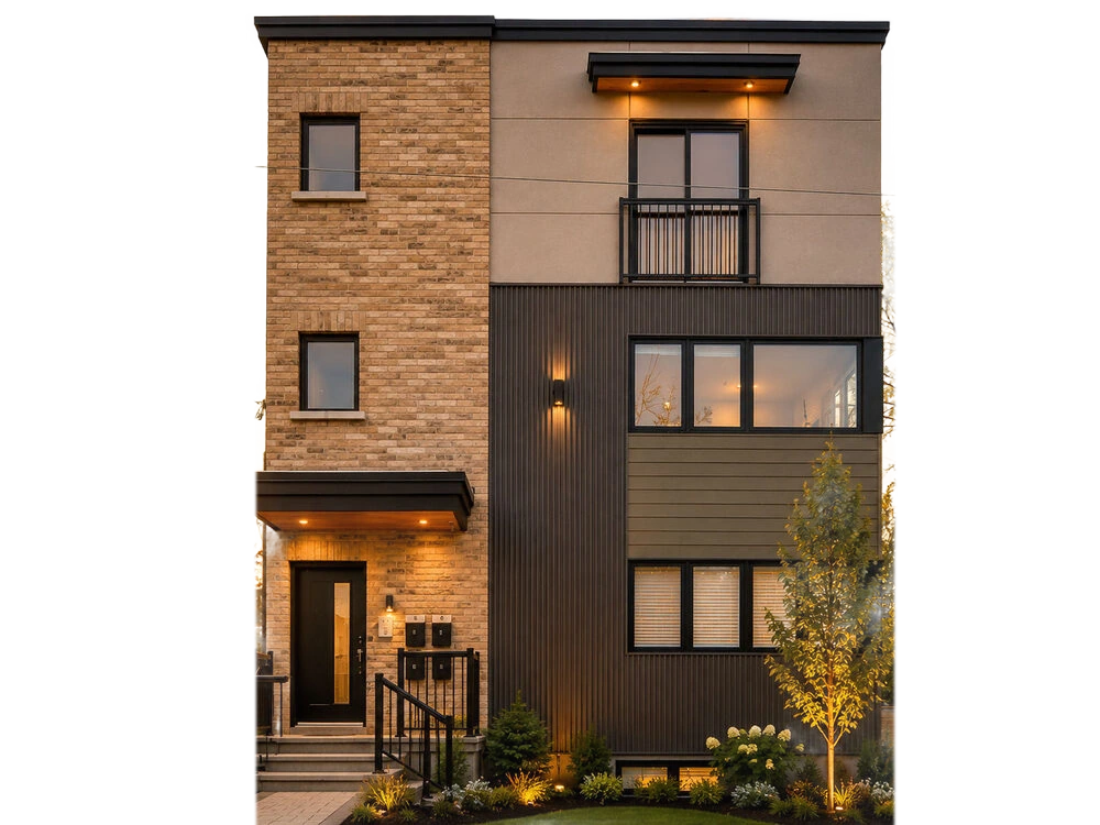 Modern exterior of 149 Henderson Avenue at dusk