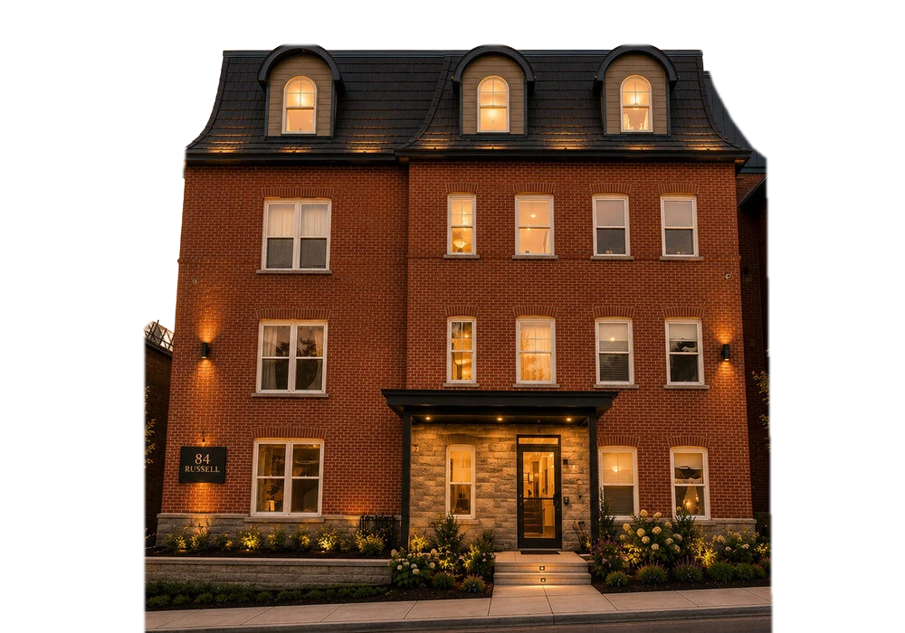 Brick exterior of 84 Russell Avenue at dusk